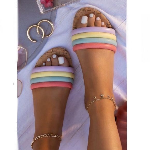 Puffy Strap Slide Sandals in Multi Cow Print - Picture 5 of 9